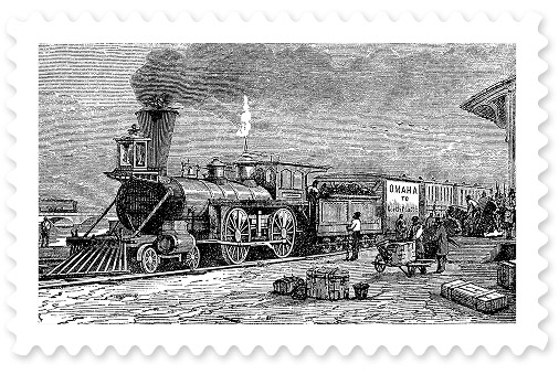 A black-and-white illustration of a steam locomotive stopped at a station with onlooking customers with packages standing nearby.