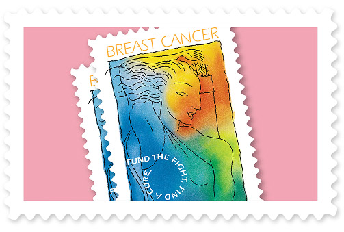 Two partially overlapping stamps issued in support of breast cancer research featuring a rainbow-colored illustration of a woman holding her arm up after a mastectomy.