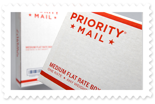 A closeup of a red-and-white Priority Mail&reg; box with an identical one blurred out in the background.