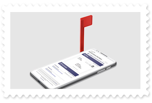 An Informed Delivery &reg; email depicted on a smartphone screen with a raised mailbox flag attached to the phone.