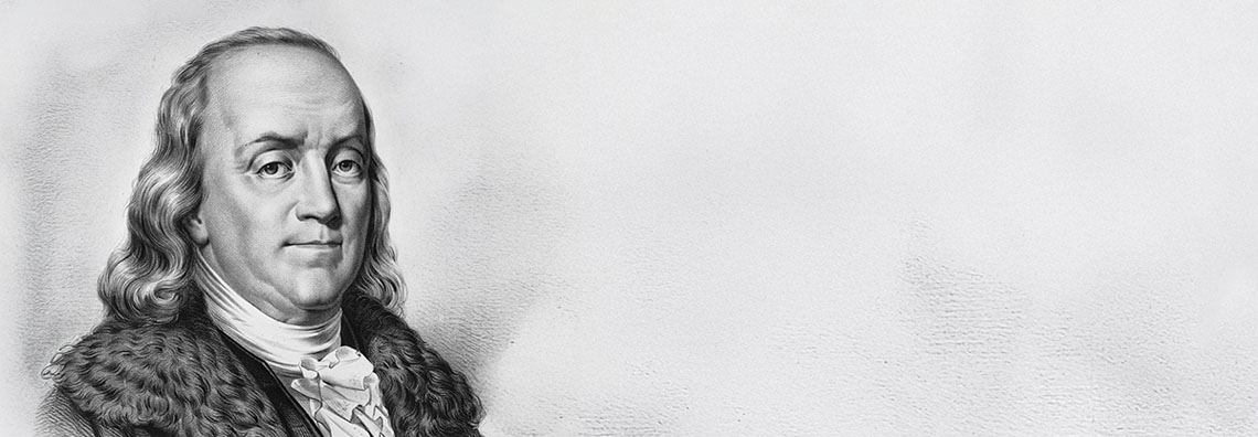 A black-and-white pencil drawing of Benjamin Franklin wearing a cravat.