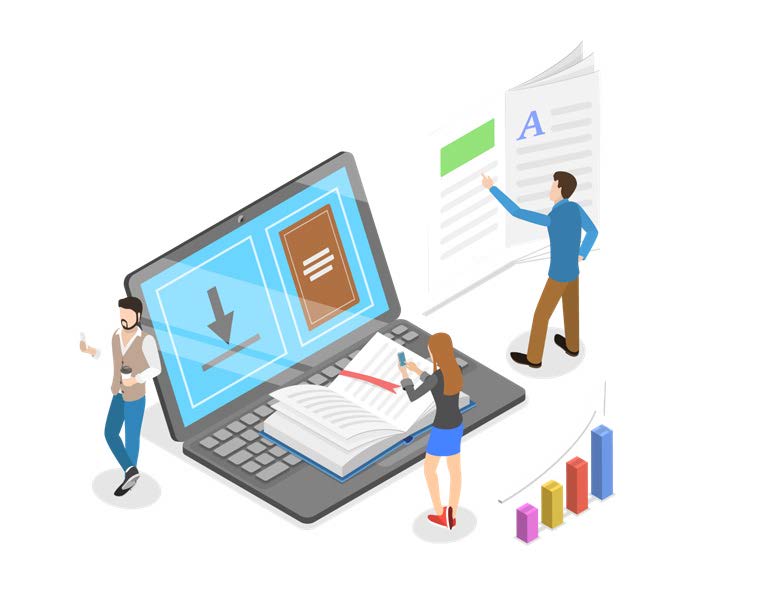 Graphic of business workers creating a catalog campaign to increase their customer engagement.