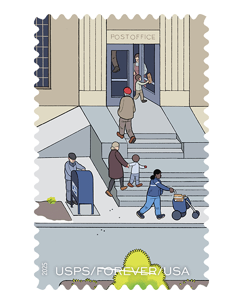 An illustrated Forever&reg; stamp depicting people going about their day outside of a Post Office&trade; location.