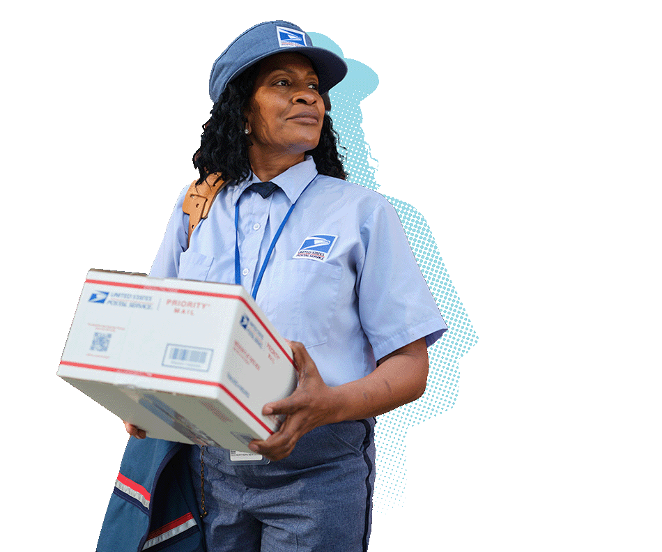 A mail carrier holds a Priority Mail&reg box.