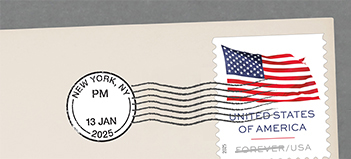 An envelope showing a U.S. Flag Forever stamp that has been cancelled with a postmark for January 13, 2025, in New York, NY.