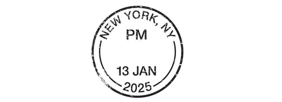 A postmark stamp that shows a cancellation date of January 13, 2025, in New York, NY.